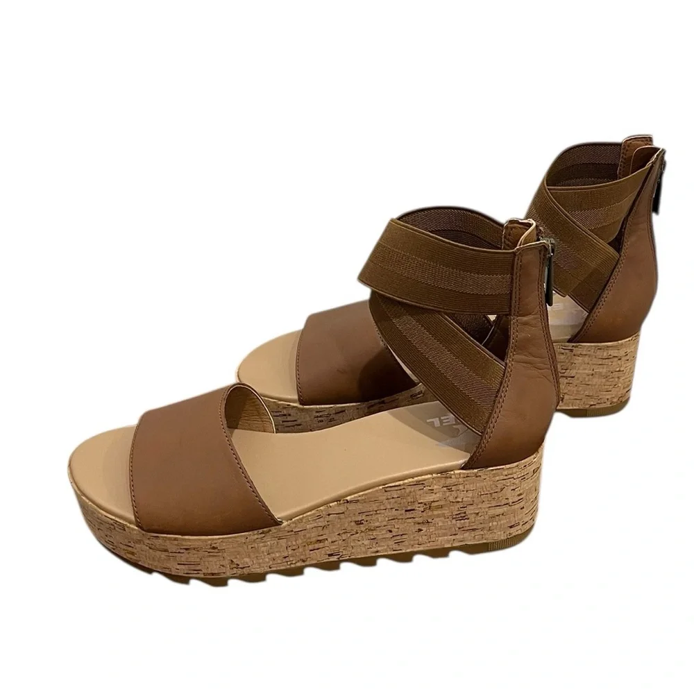 SOREL CAMERON CORK BROWN LEATHER ANKLE WRAP PLATFORM SANDALS VERY GOOD COND (9)